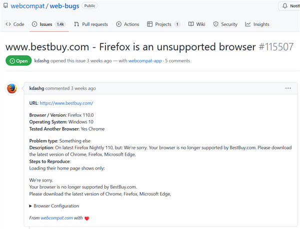 Firefox的110版本遭到部分网站的“误伤”，Firefox 110被错误识别为IE 11