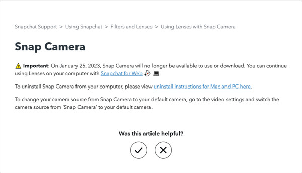Snap宣布：Snap Camera 应用将于 1 月 25 日正式关闭