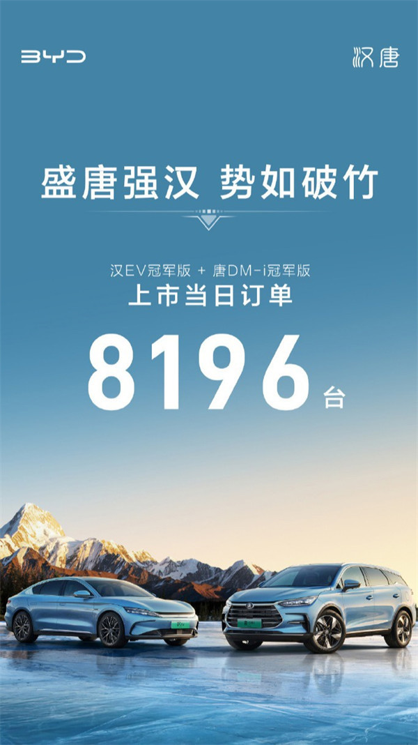 比亚迪汽车宣布：汉唐双旗舰冠军版上市当日订单 8196 台