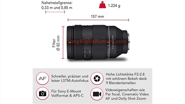 森养 AF35-150mm F2-2.8 FE 镜头参数曝光：重量约 1224g，长度 157mm