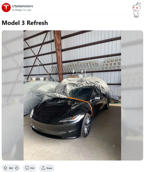 新款特斯拉 Model 3 实车图曝光：前脸改为更圆润的曲线
