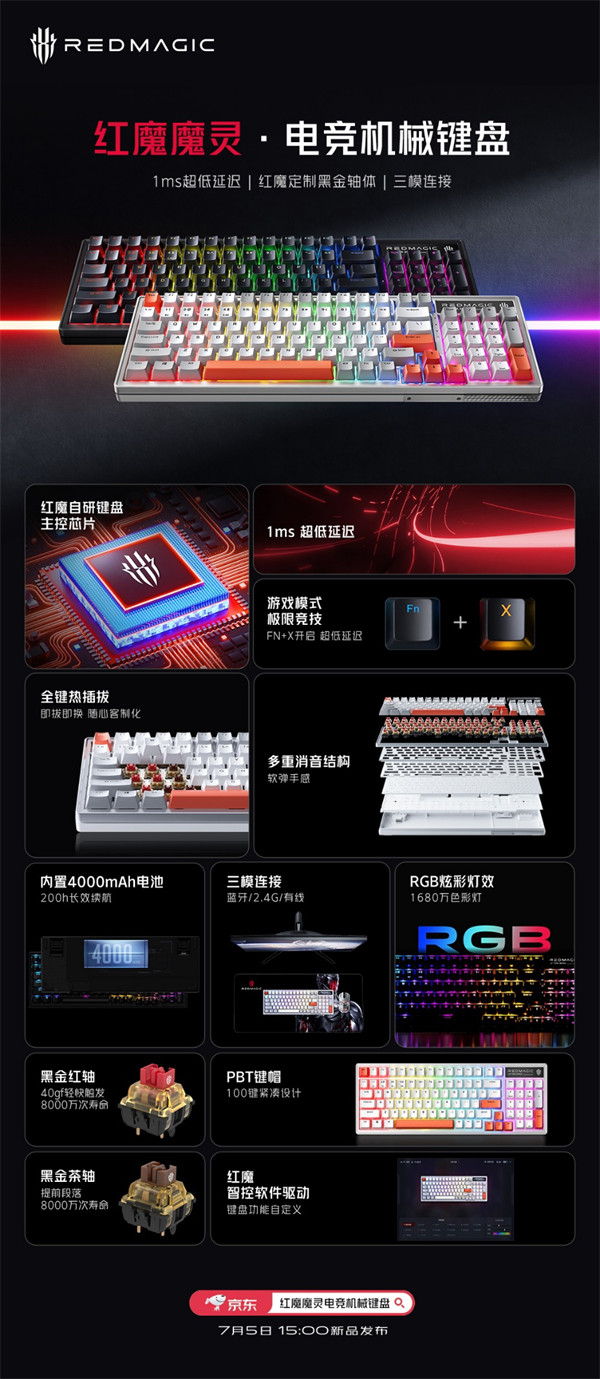红魔魔灵电竞机械键盘将7 月 5 日亮相，搭载自研键盘主控芯片