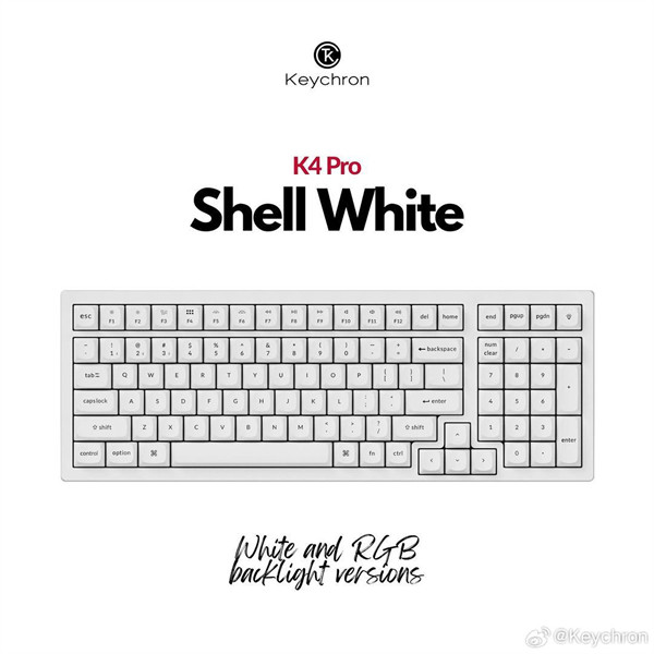 keychron 推出旗下 K10 Pro / K8 Pro / K4 Pro / K2 Pro 四款机械键盘白色新配色