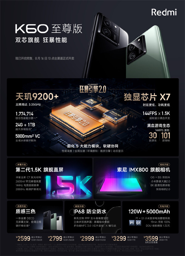 小米 Redmi K60 至尊版手机开启首销，售价 2599 元起
