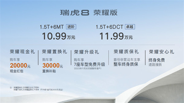 奇瑞瑞虎 8 荣耀版上市，售价 10.99 万元起
