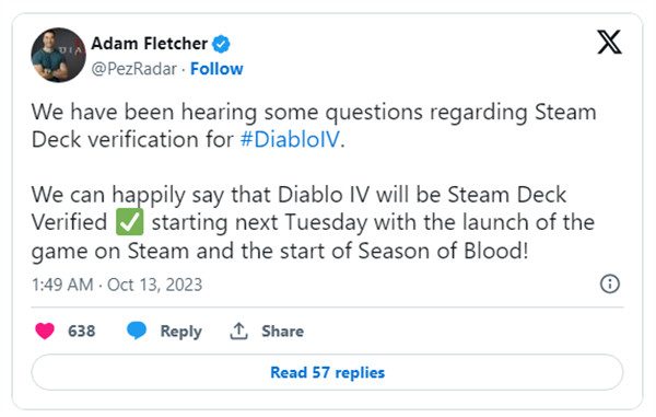 《暗黑破坏神 4》游戏 10 月 17 日登陆 Steam 平台，还将通过 Steam Deck 认证