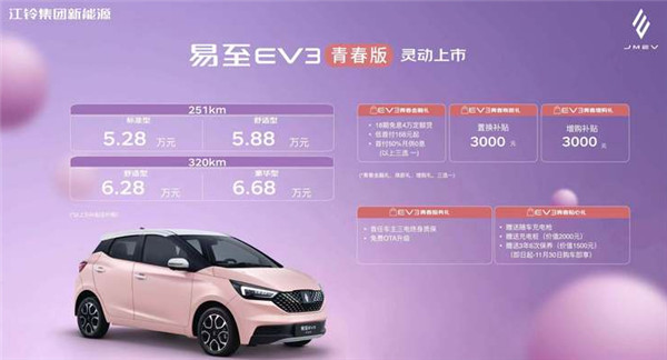 全新易至EV3青春版上市，售价区间为5.28-6.68万元
