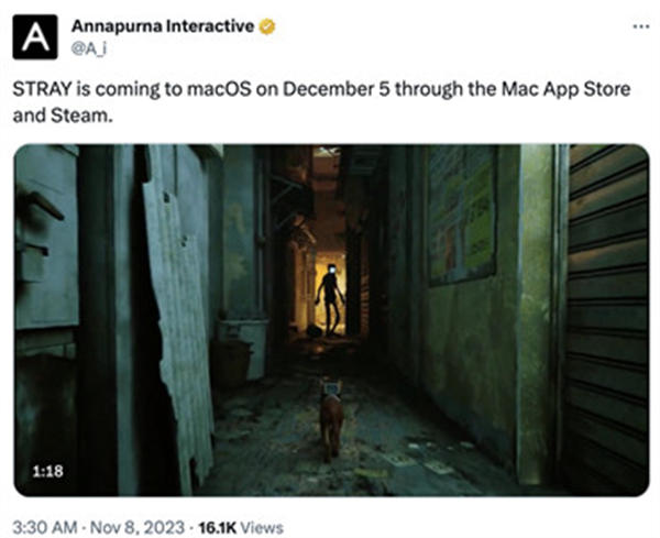 《Stray》将在 12 月 5 日登陆苹果 macOS 平台